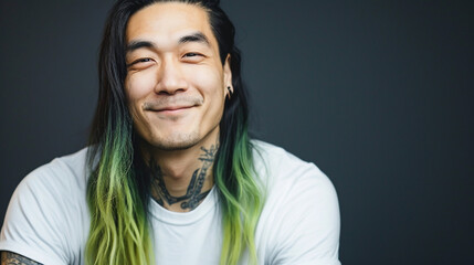 Smiling asian man with long dyed hairs.  - obrazy, fototapety, plakaty