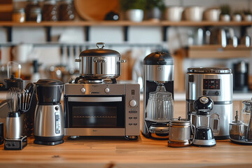 Different household appliances on table in kitchen. Household appliances on the background of a modern kitchen. Coffee machine, toaster, oven, microwave, mixer, blender, electric kettle. 