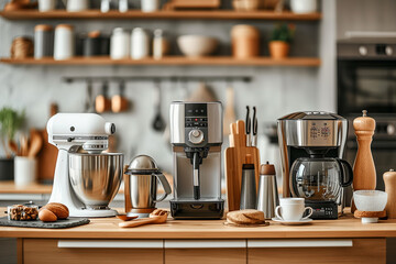 Different household appliances on table in kitchen. Household appliances on the background of a modern kitchen. Coffee machine, toaster, oven, microwave, mixer, blender, electric kettle. 