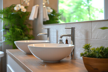Fototapeta premium Interior of light bathroom with sink and mirror. Modern interior. Interior design elements. Stylish sink under the mirror in the bathroom.