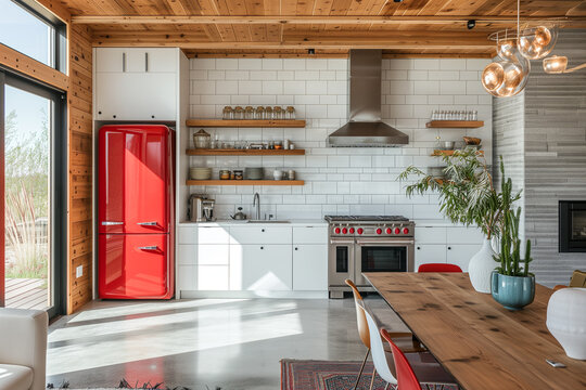 Stylish interior of a modern kitchen with a large red refrigerator and a wooden table. Spacious kitchen interior. The concept of renting and selling real estate.