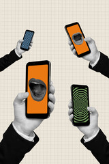 Vertical bizarre pop photo collage of hands holding mobile phones with screaming mouth and...
