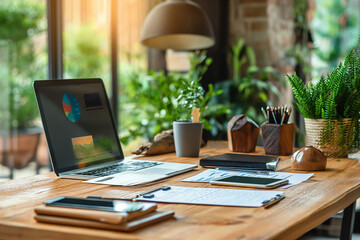 Modern laptop on a wooden table. Laptop with business plan and various charts. Business and finance. Financial market. forex. Exchange. Investment and marketing concept