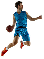 Dynamic Sports Action athlete in mid-air, capturing the dynamic and intense moment of basketball...
