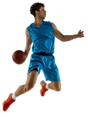 Fotobehang Dynamic Sports Action athlete in mid-air, capturing the dynamic and intense moment of basketball game against transparent background. Concept of sport, hobby, energy, active lifestyle, match. Ad © Lustre