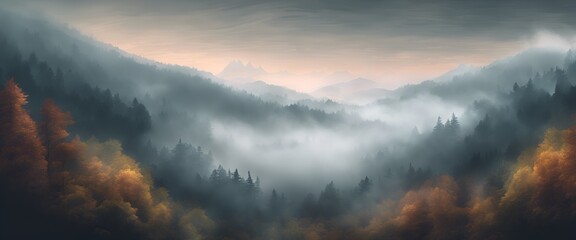 Beautiful View of Misty Mountain Forest Landscape Ultrawide 4k Wallpaper Photo - obrazy, fototapety, plakaty