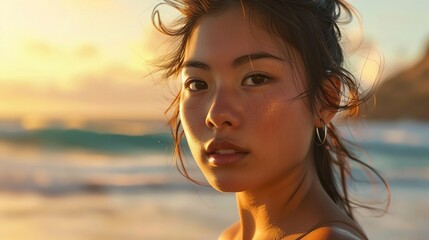 Beautiful Asian girl on the beach, close up view. Created with Generative Ai technology.
