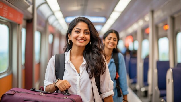 Indian young girl in the train travelling Alone generative Ai 