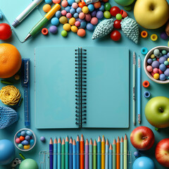 School supplies, school backpack, notebooks, pens and pencils, pencil case, textbooks. Back to school. Knowledge and learning concept. Flat lay. Space for text.Copy space