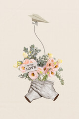 Composite collage image of hands hold bouquet roses paper plane with love message dating couple...