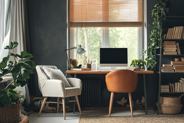 Aesthetic interior of a work office with a wooden table and a modern computer, indoor plants, books and office accessories. Home decor. office interior Place for text. Copy space.