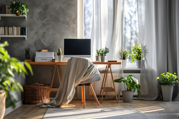Aesthetic interior of a work office with a wooden table and a modern computer, indoor plants, books and office accessories. Home decor. office interior Place for text. Copy space.