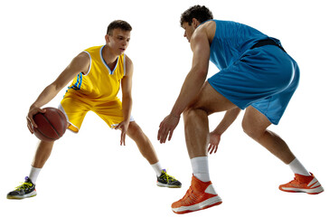 Motivated young men, professional basketball player training with basketball ball technique...