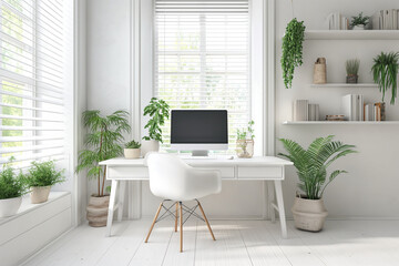 Modern computer on a table in an office interior. Stylish workplace in white tones and indoor plants. Blank screen with space for text. Workplace layout concept.