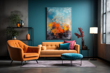 A living room in the art nouveau style in orange and blue colors