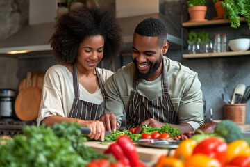 A young couple is preparing a salad against the backdrop of a modern kitchen interior. Healthy diet. Fitness blogging.Cooking concept. Place for text. Copy space. - Powered by Adobe