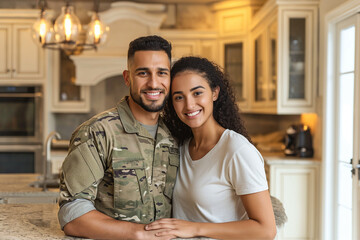Young couple .military couple hugging each other. Homecoming concept. A man in military uniform with his family against the backdrop of the interior. - Powered by Adobe