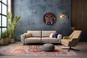Interior of the living room in art nuvo style with a cozy sofa, chair, lamp, carpet, and painting