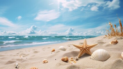 Fototapeta na wymiar Seashells and Starfish on Sunny Beach with Waves, Summer Vacation Concept