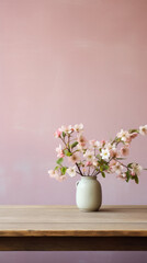 Vase of sakura flowers on wooden table and pink wall background.