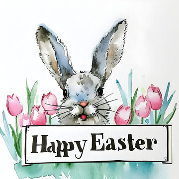 Easter wreath with bunny, colored eggs in grass and flowers. Square frame with text "Happy Easter". Watercolor. High quality photo