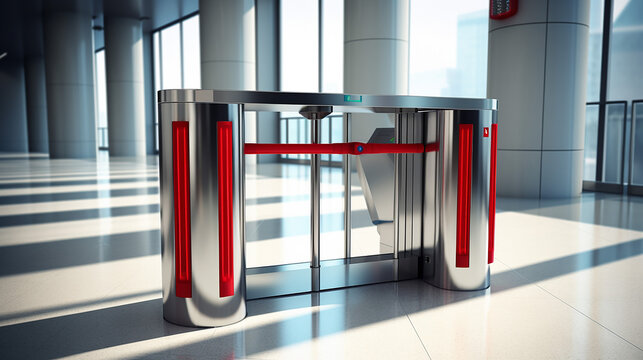 modern shiny stainless metal steel chrome turnstile swing exit gate with red no entry sign