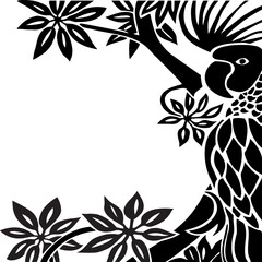 PrintBird and flower illustration in black and white. Oriental style.