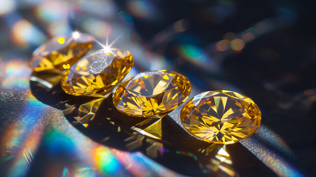 4 yellow diamods, oval form, top view, black background with rainbow