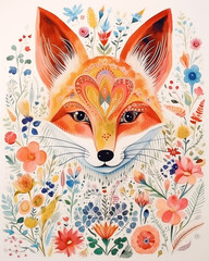 Deer portrait with flowers cute watercolor illustration, esoteric forest animals, bohemian boho poster wallpaper drawing