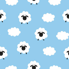 Cute sheep and clouds seamless pattern. Baby print, nursery design