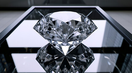 huge Diamond, radiant form, top view, on the Glass Table, black and white