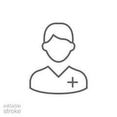 Nurse icon. Simple outline style. Medical assistant, male, man, medic, doctor, health, medicine, hospital concept. Thin line symbol. Vector isolated on white background. Editable stroke SVG.