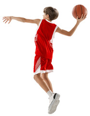 Scored final goal. Full length portrait of boy, basketball player in red uniform make slam dunk in...