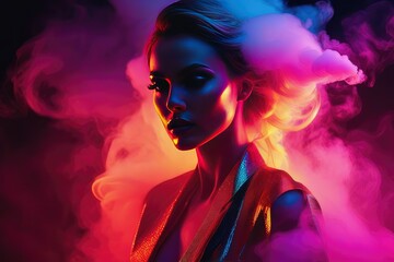 Fashion surreal Concept. Closeup portrait of stunning girl surround dissolve in neon swirling flowing smoke fog. illuminated with dynamic composition and dramatic lighting. copy text space 