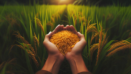 farmer hand holding golden rice seed on green field