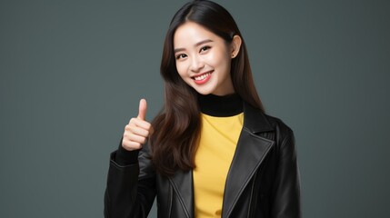 Beautiful woman, cute, show thumbs up positive feedback, lady showing OK gesture, Excellent or good review result concept, Customer rating for experience or quality product and service, Opinion survey