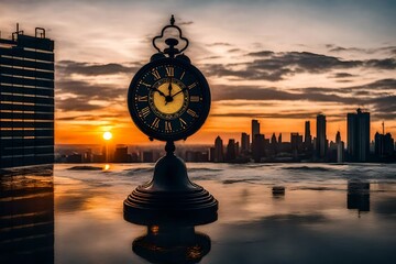 alarm clock silhouette at sunrise cityscape 