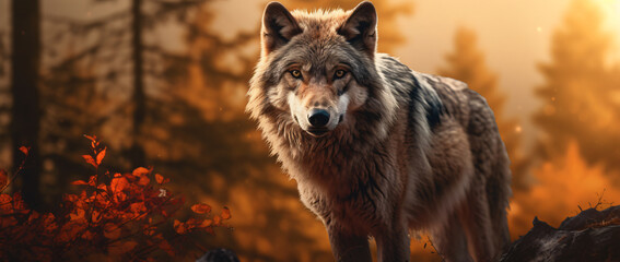 Wyoming wolf in the forest at sunset, in the style of light silver and dark amber, photo-realistic landscapes, dark red and light amber, close up, anemoiacore, dark yellow and light indigo, caninecore