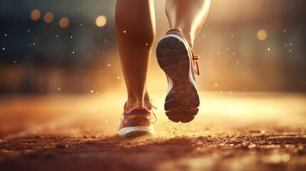 Close up of feet, sports woman runner running on race starting line in sneakers.Sunny photo. concept of running, competition, distance, healthy lifestyle, morning running. copy space, mock-up - obrazy, fototapety, plakaty