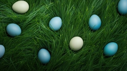 Fototapeta na wymiar multi-colored eggs lie in the green grass.top view.soft focus,defocus.concept of Easter,Christ,holiday,bunny