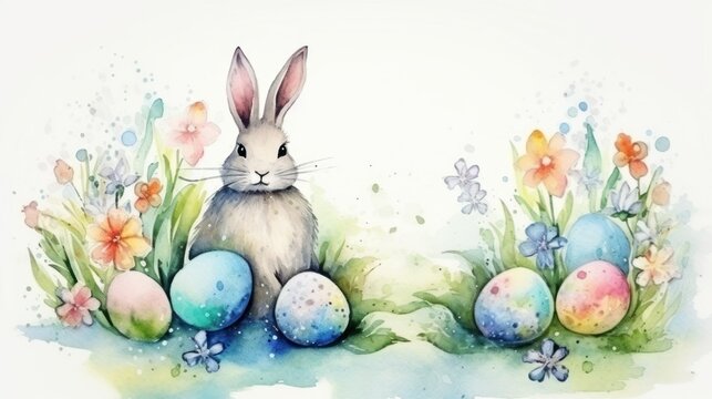 watercolor drawing of a bunny with Easter eggs, flowers and eggs nearby. front and back side of the postcard. horizontal photo. concept of Easter, Sunday, Christ, eggs.space for text.copy space