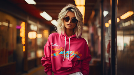 Fototapeta premium Photos of people in neon-colored street clothes. The style of the 90s meets the modern style. Generative AI