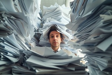 person surrounded by stacks of paperwork