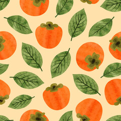 Seamless Persimmon fruit pattern. Vector watercolor illustration with orange fruits and green leaves - 707889780