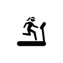 Woman running on treadmill icon. Simple solid style. Run, female, gym equipment, fitness, exercise machine, sport concept. Black silhouette, glyph symbol. Vector isolated on white background. SVG.