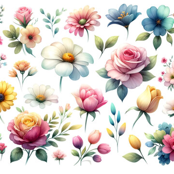 Watercolor flower clipart featuring a variety of flowers, such as roses, daisies, and tulips, on a white background.