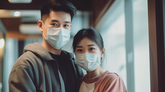 an asian couple wearing face mask while in the care