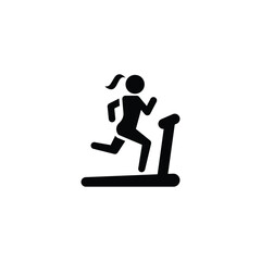 Woman running on treadmill icon. Simple solid style. Run, female, gym equipment, fitness, exercise machine, sport concept. Black silhouette, glyph symbol. Vector isolated on white background. SVG.
