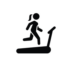 Woman running on treadmill icon. Simple solid style. Run, female, gym equipment, fitness, exercise machine, sport concept. Black silhouette, glyph symbol. Vector isolated on white background. SVG.
