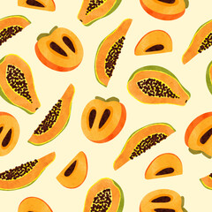 Persimmon and papaya fruit pattern. Vector seamless tropical orange fruits illustration - 707890123